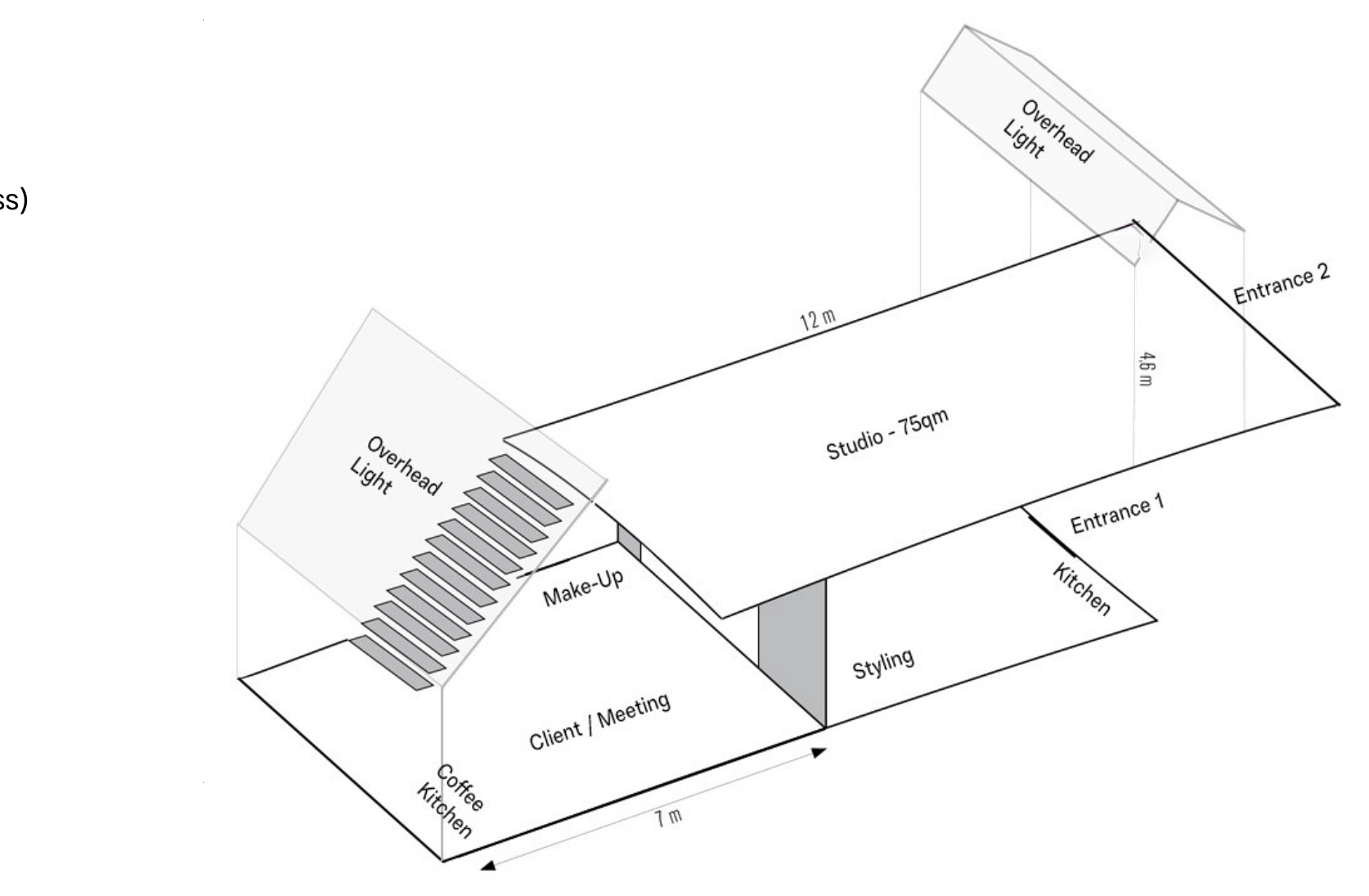 Isometric floor plan: 75 sqm studio with styling, kitchen and two entrances on the upper floor, coffee, client/meeting and make-up below, connected by stairs, two skylights